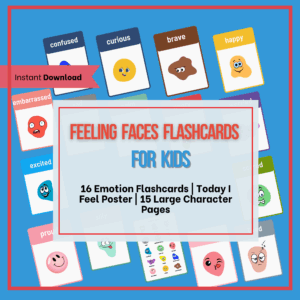 sixteen feeling faces flashcards for kids on blue background